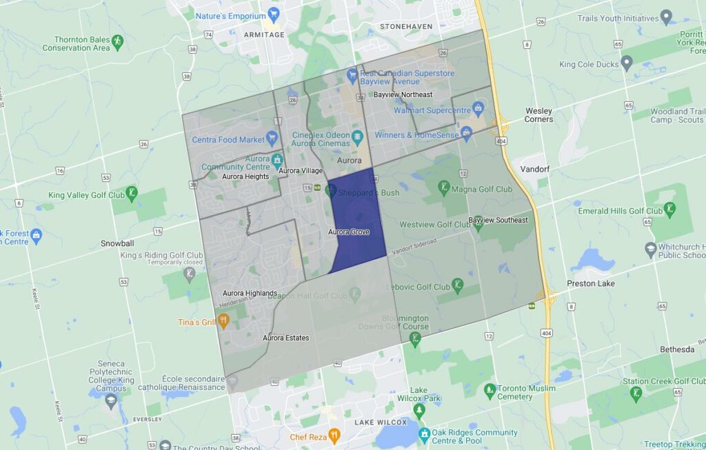 map of Aurora Grove neighbourhood boundaries